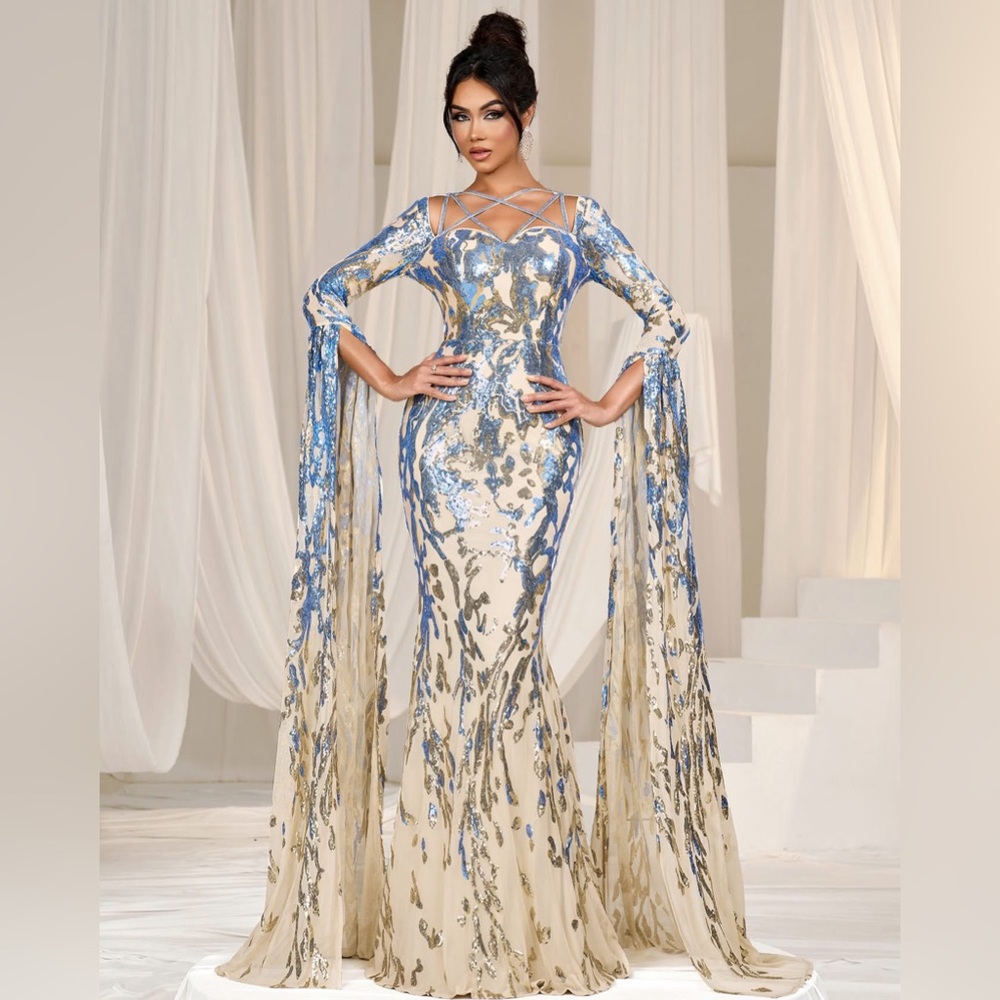 Blue and Cream Sequin Prom Gown